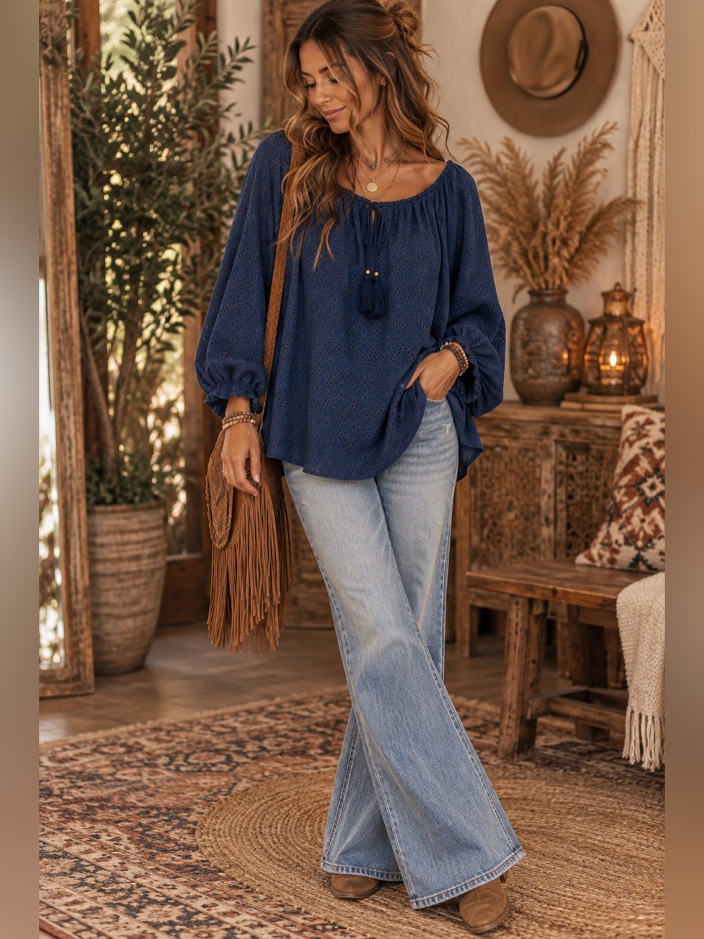Rafaella Navy Eyelet Peasant Blouse